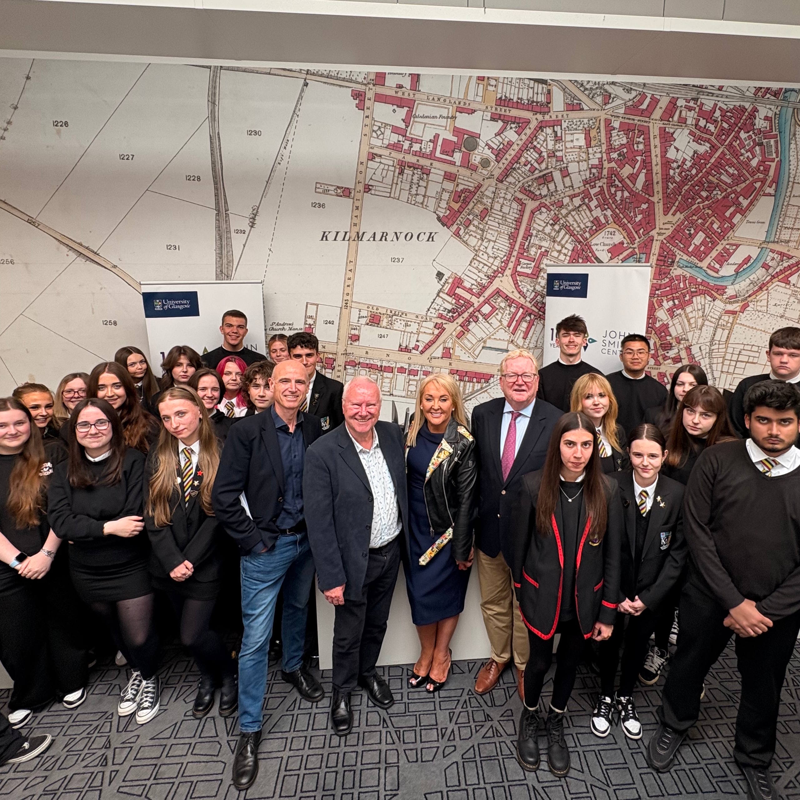 Centre Director Eddie Barnes alongside Jackson Carlaw MSP, Alex Neil and Marie Macklin, with a group of Kilmarnock Academy pupils.